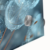 Close-up of frost patterns in muted blue and white tones on acrylic glass.