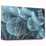 Close-up image of frost patterns on acrylic glass, featuring a monochrome blue palette.