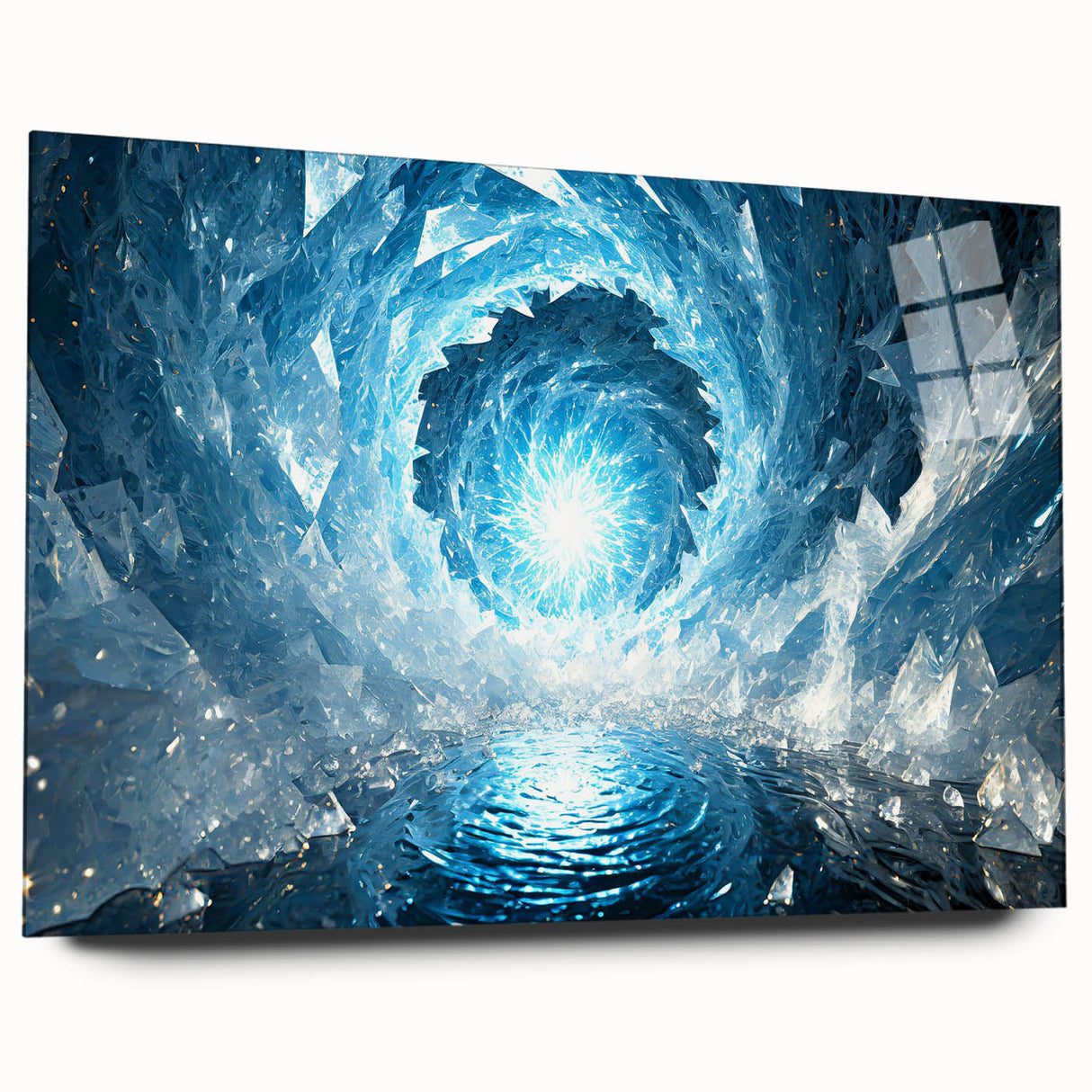 Close-up of frost pattern on acrylic glass, featuring intricate white textures on a transparent background.