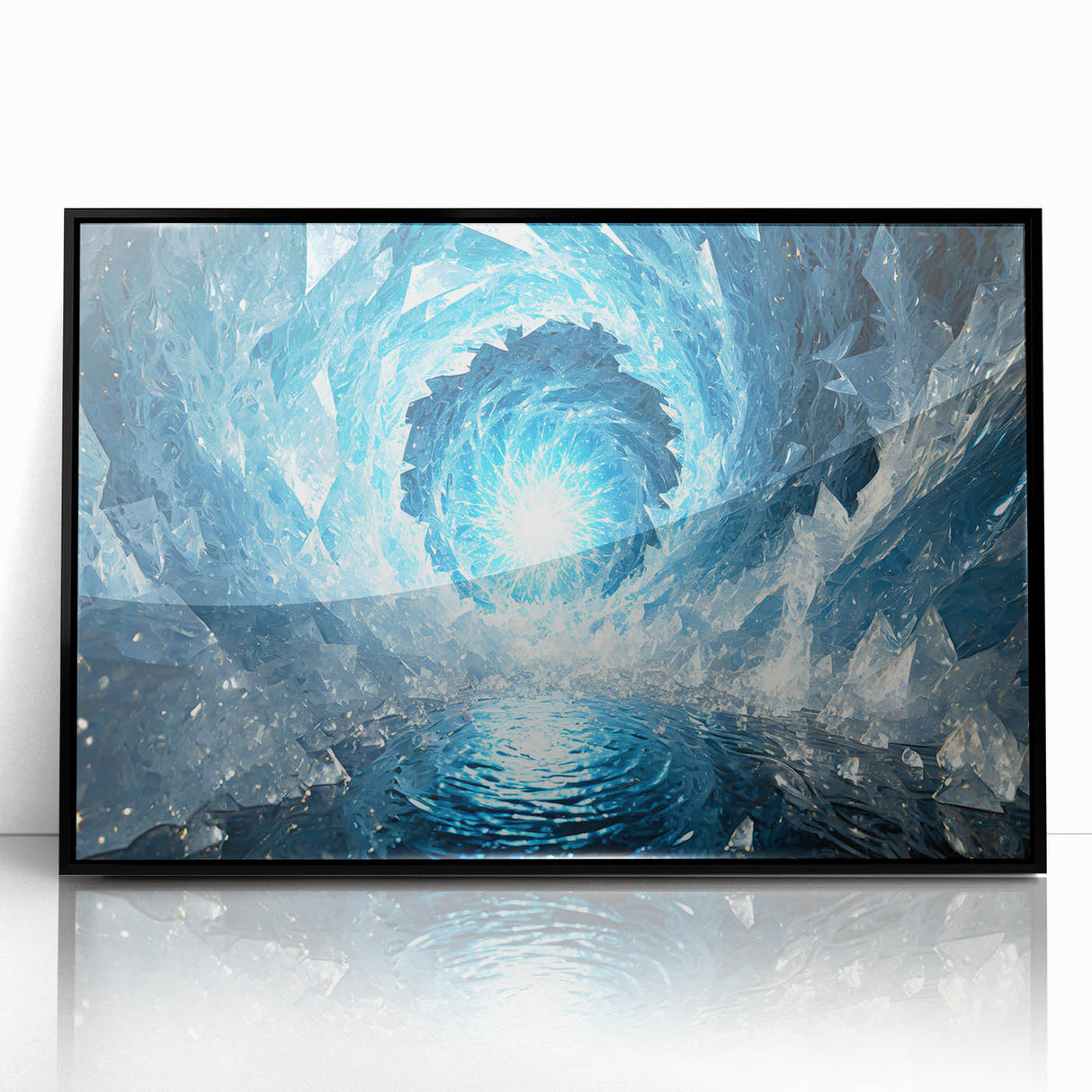 Large abstract wall art depicting frost patterns in muted gray tones on a framed acrylic, ideal for modern living room decor.