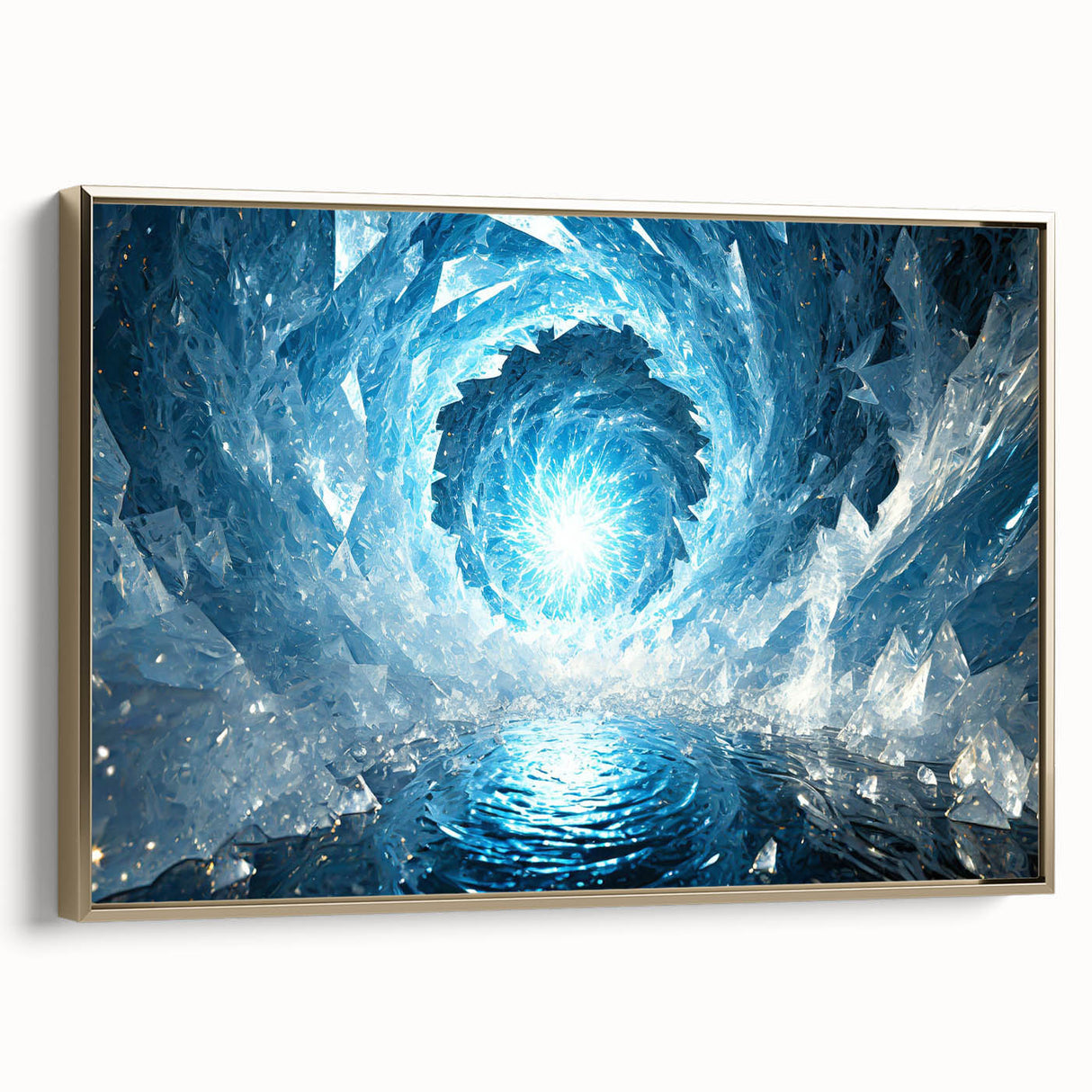 Framed canvas featuring a close-up landscape art painting of frost patterns, set in a gold frame.