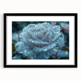 Extra large abstract art print featuring a close-up frost design in vibrant blue and white hues, framed in black.