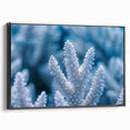 Black and white framed canvas featuring a close-up of frost patterns, ideal for bedroom wall decor.