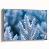 Vintage poster art of a frost pattern in muted gray and silver tones on a framed canvas, ideal for living room decor.