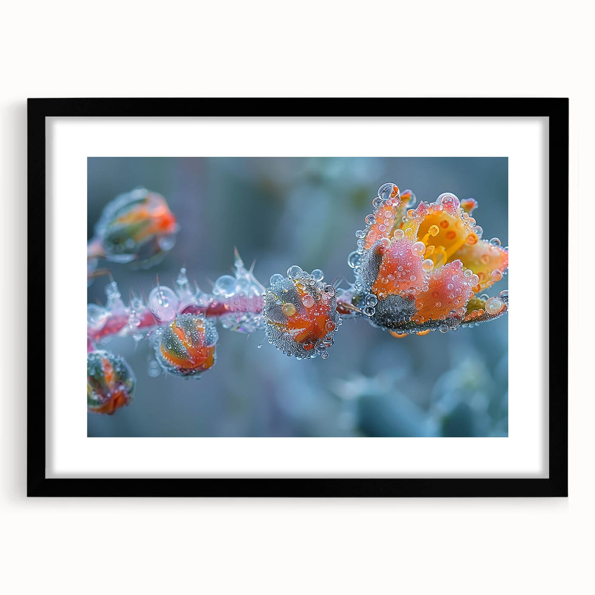 Extra large abstract art print featuring a textured, colorful frost design on a black framed canvas.