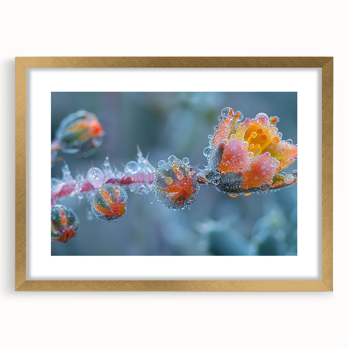 Textured art of abstract frost patterns in gold frame, with muted gray and white tones, ideal for bedroom art.