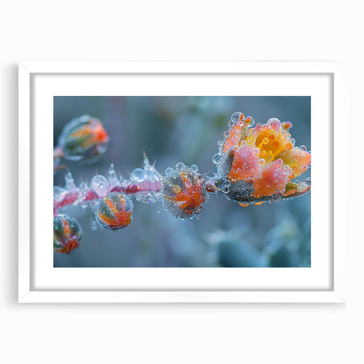 Extra large abstract art print featuring a close-up of frost patterns in gray and white tones, framed with a white mat.