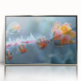 Framed acrylic print of a close-up ice frost design in silver, ideal for modern art wall decor in a nursery.