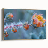 Framed canvas featuring a close-up landscape art painting of frost patterns in gold and black tones.