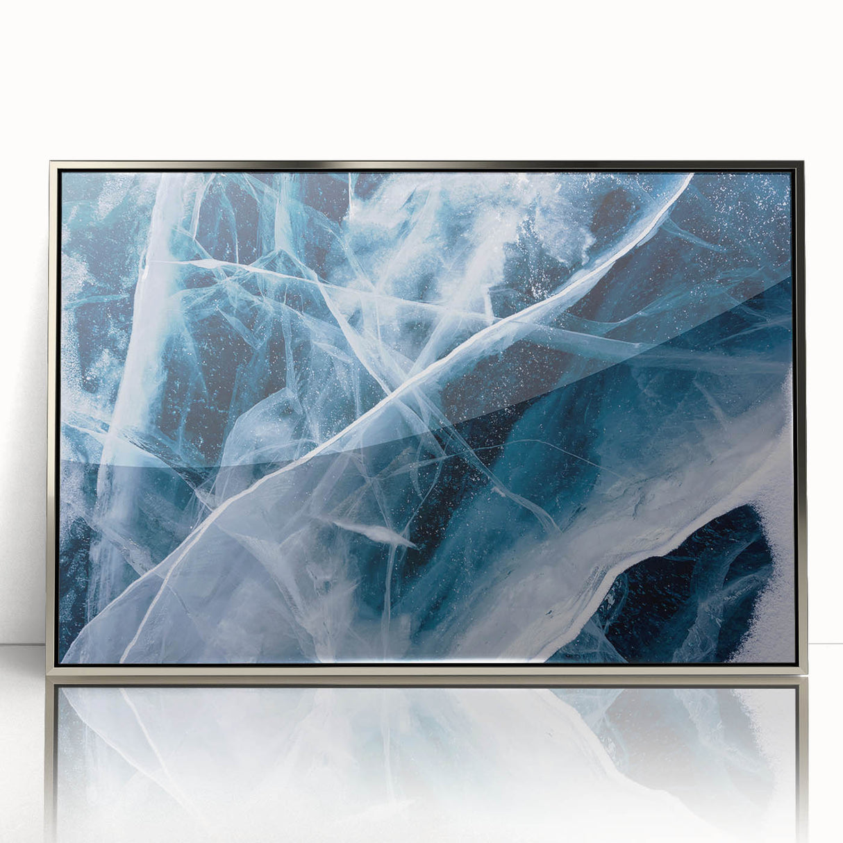 Acrylic print of a close-up frost design in silver and gray tones, ideal for modern art wall decor.