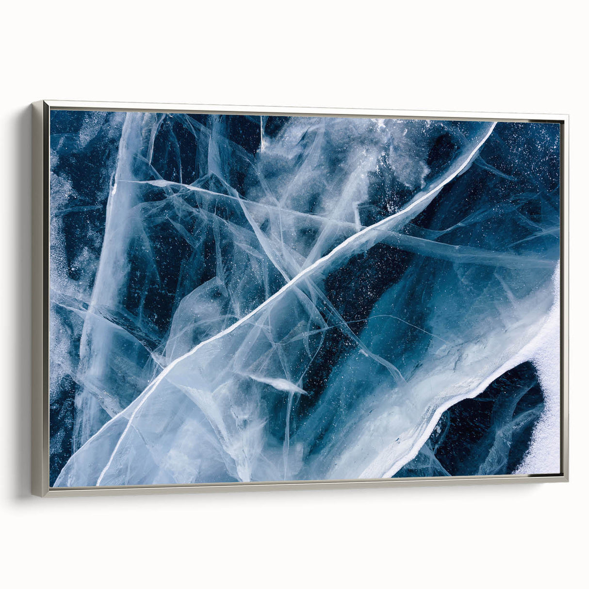 Vintage poster art of a frost design on framed canvas, featuring silver and black tones, ideal for living room decor.