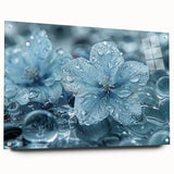 Close-up of frost pattern in muted blue and white on acrylic glass, suitable for bedroom or dining room decor.