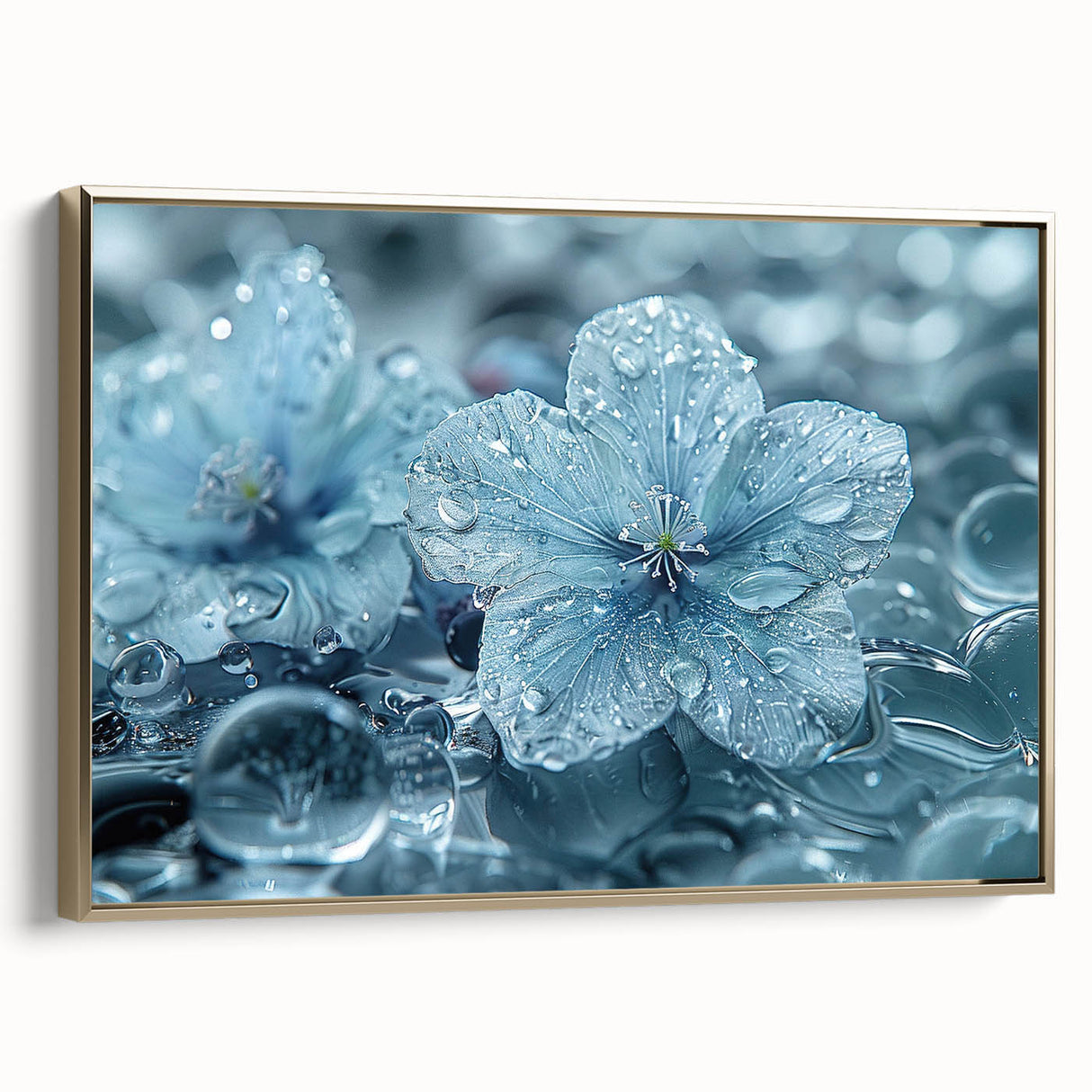 Framed canvas featuring a close-up landscape painting of frost designs in muted gray and gold tones.