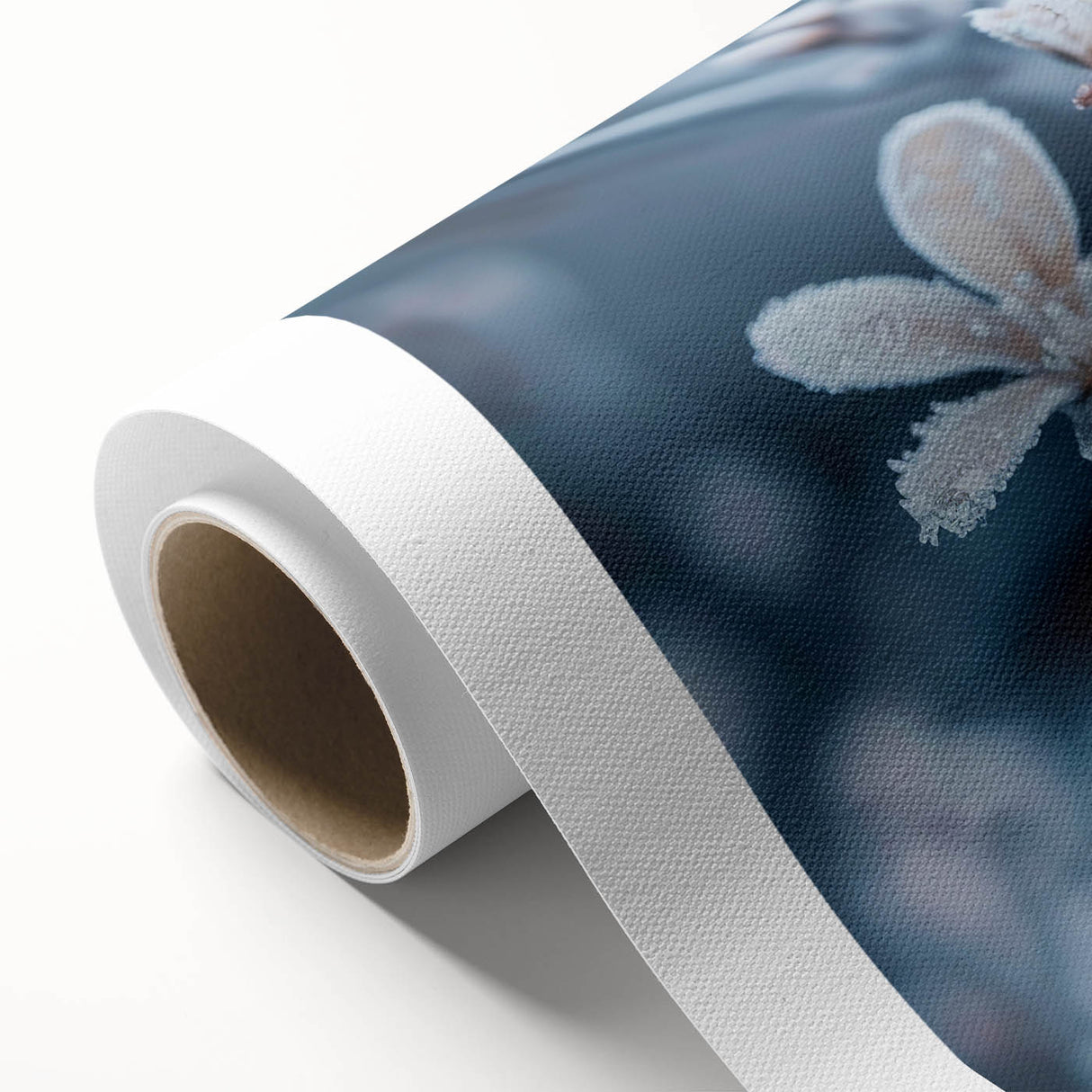 Art deco poster featuring close-up of frost patterns in muted blue and white tones on rolled canvas.