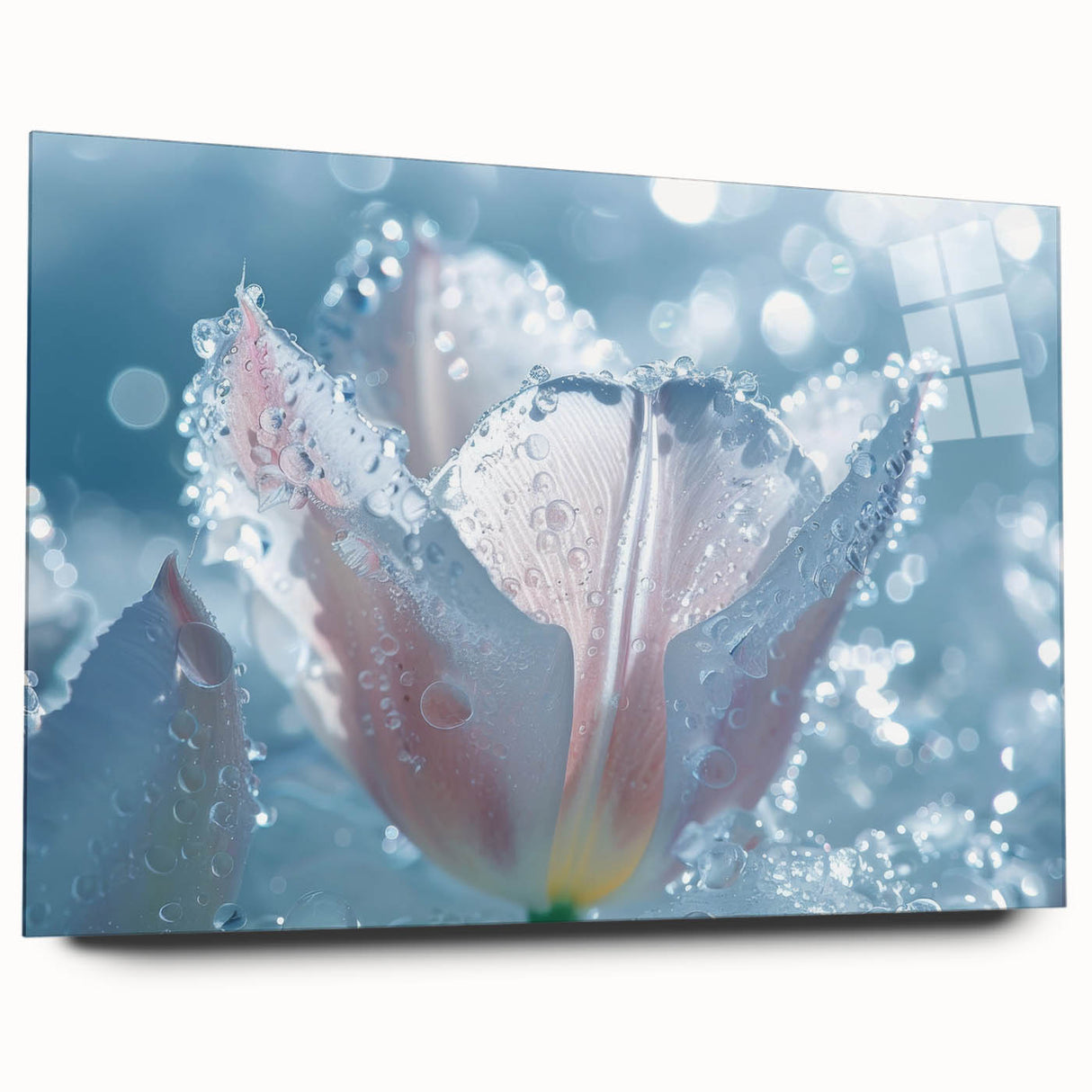 Close-up of frost patterns in gray and blue tones on an acrylic glass, suitable as bedroom or dining room art.