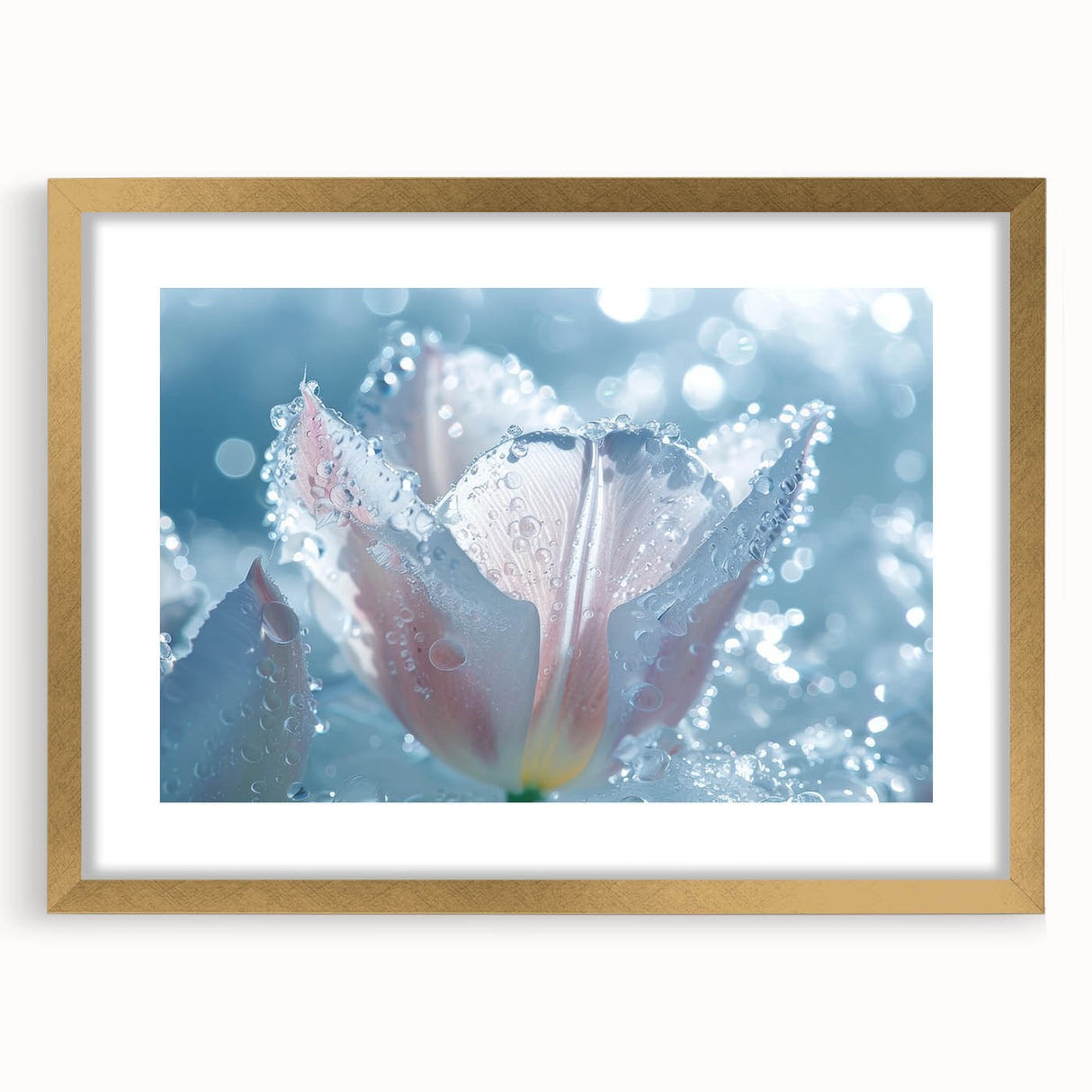 Textured art depicting abstract frost patterns in muted gray tones on a gold-framed canvas, ideal for bedroom wall decor.