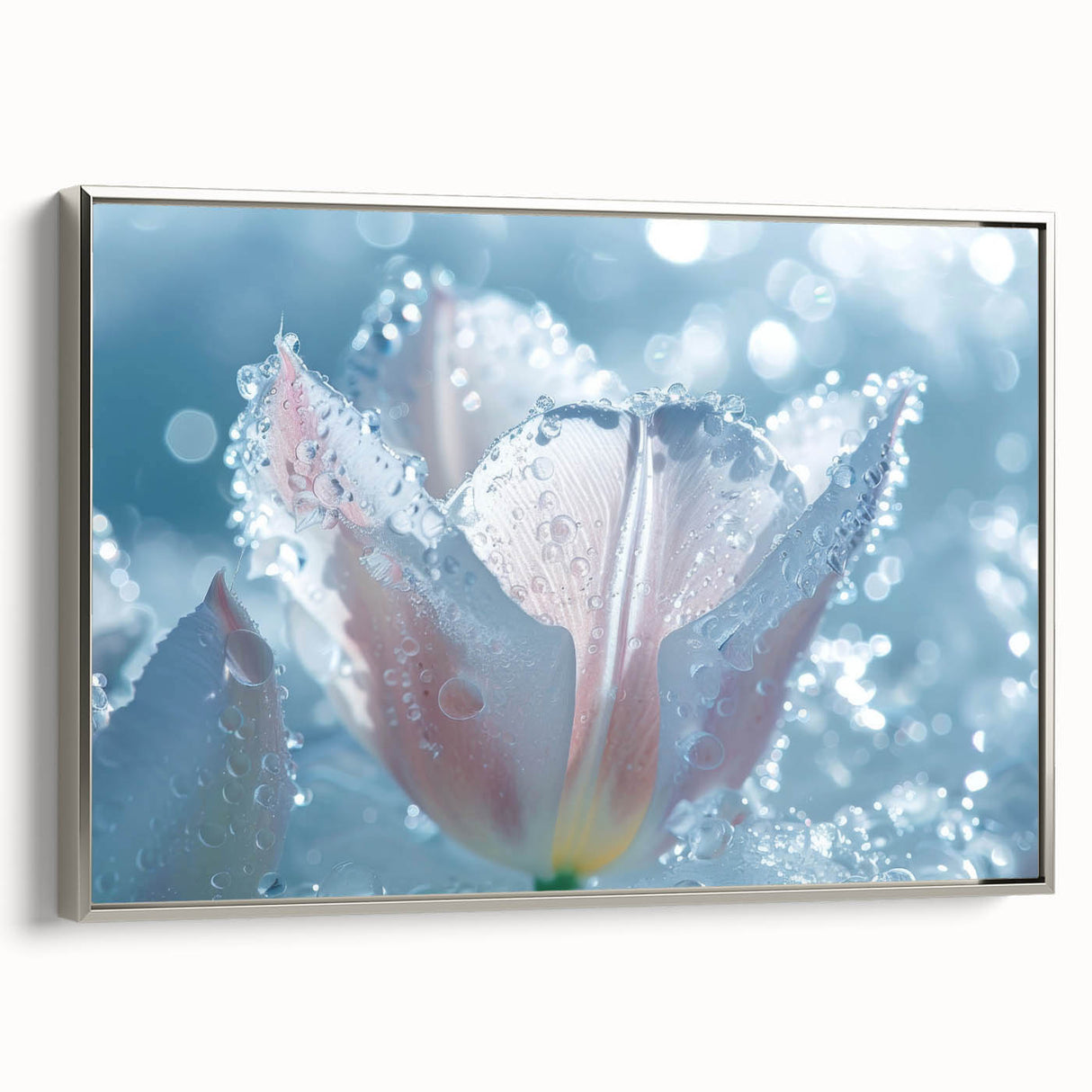 Vintage poster art of a close-up frost design in black and colorful hues on an extra large framed canvas.
