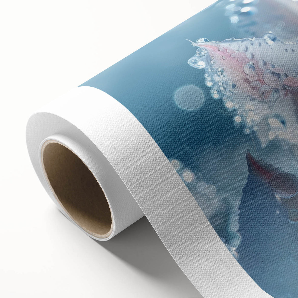 Frosted leaf pattern in cool blue and white tones on a rolled canvas, suitable for nursery wall art.