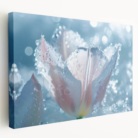 Close-up of frost patterns on ice in muted blue and white tones on a stretched canvas, suitable for kitchen wall art.