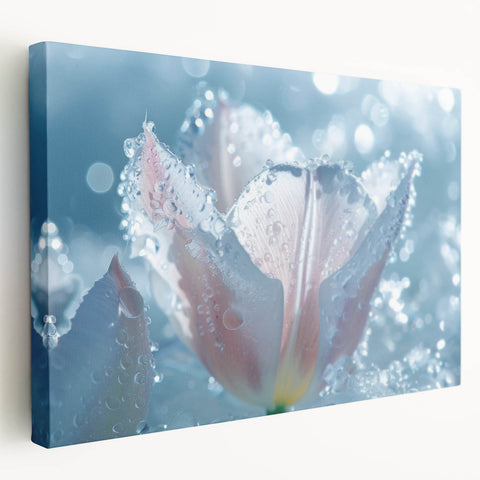 Close-up of frost patterns on ice in muted blue and white tones on a stretched canvas, suitable for kitchen wall art.