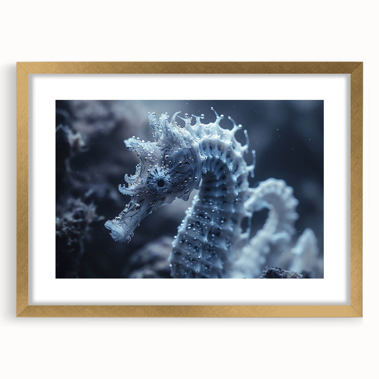 Textured art of abstract frost patterns in cool blue and white tones, framed in gold, ideal for bedroom art.