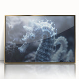 Mid-century modernist art featuring a close-up of frost patterns in muted gray and gold tones, framed acrylic.