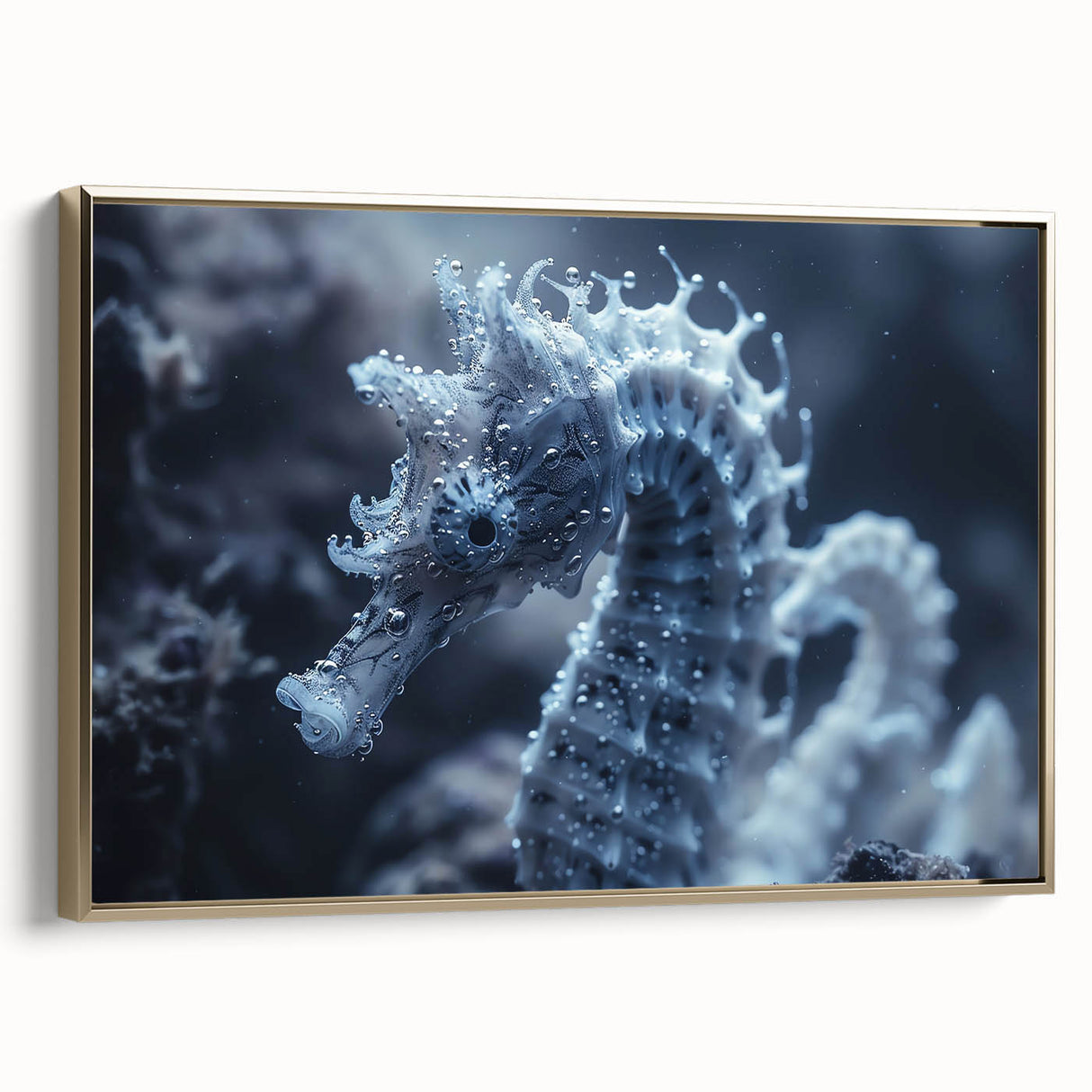 Framed canvas featuring a close-up landscape art painting of frost patterns in muted gray and gold tones.