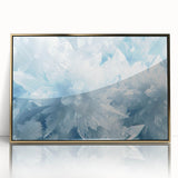 Framed acrylic print of a frost design in muted blue and gray, mid-century modernist style, ideal for modern art wall decor.