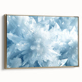 A close-up landscape art painting of frost patterns on ice, displayed in a gold-framed canvas.