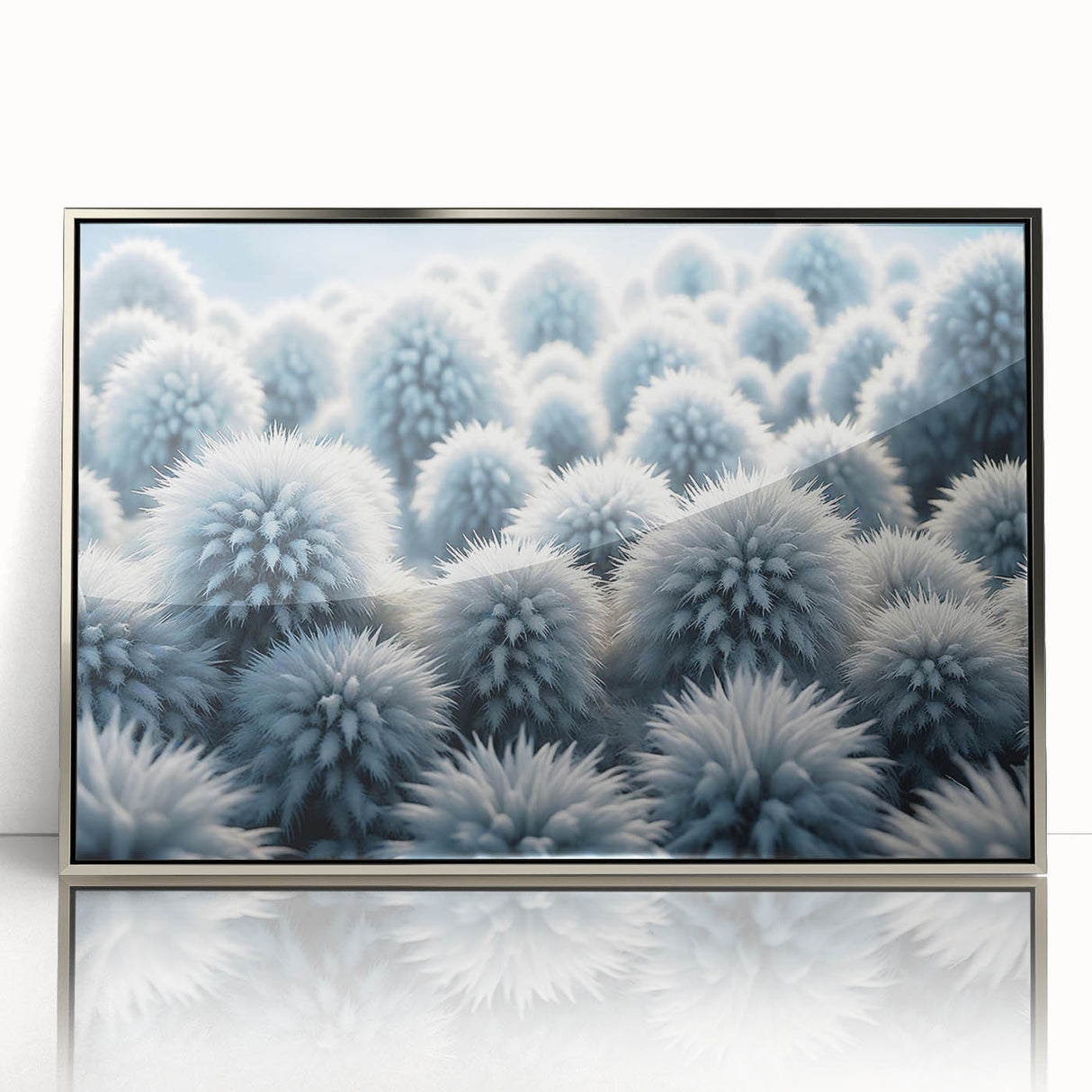 Close-up of frost pattern on ice in a silver framed acrylic print, displaying cool blue and white tones.