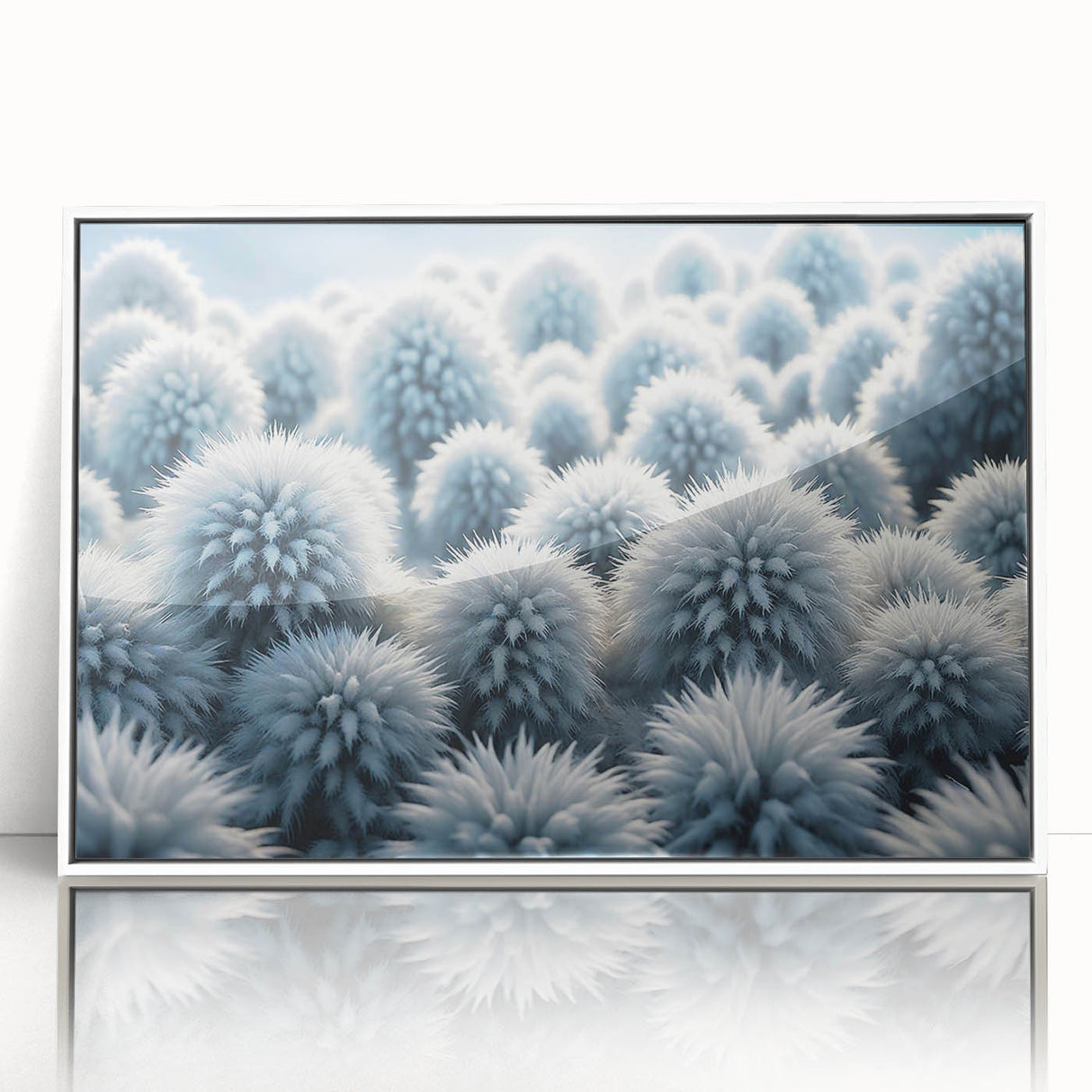 Close-up of frost patterns in muted gray tones on a framed acrylic, suitable for modern art wall decor.