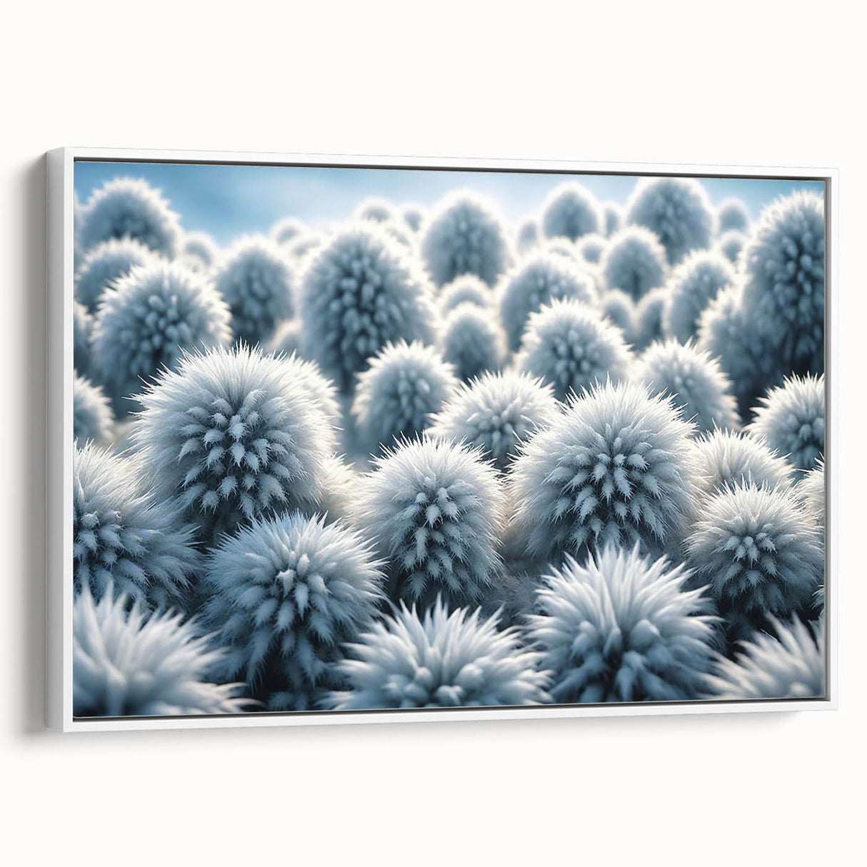 Framed canvas featuring a close-up of frost patterns in grayscale, ideal for bedroom wall art.
