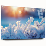 Large abstract wall art featuring frost-like patterns in blue and white tones on acrylic glass.