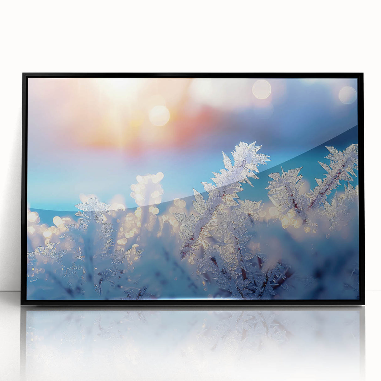Large abstract wall art depicting frost patterns in muted gray, acrylic print in black frame.