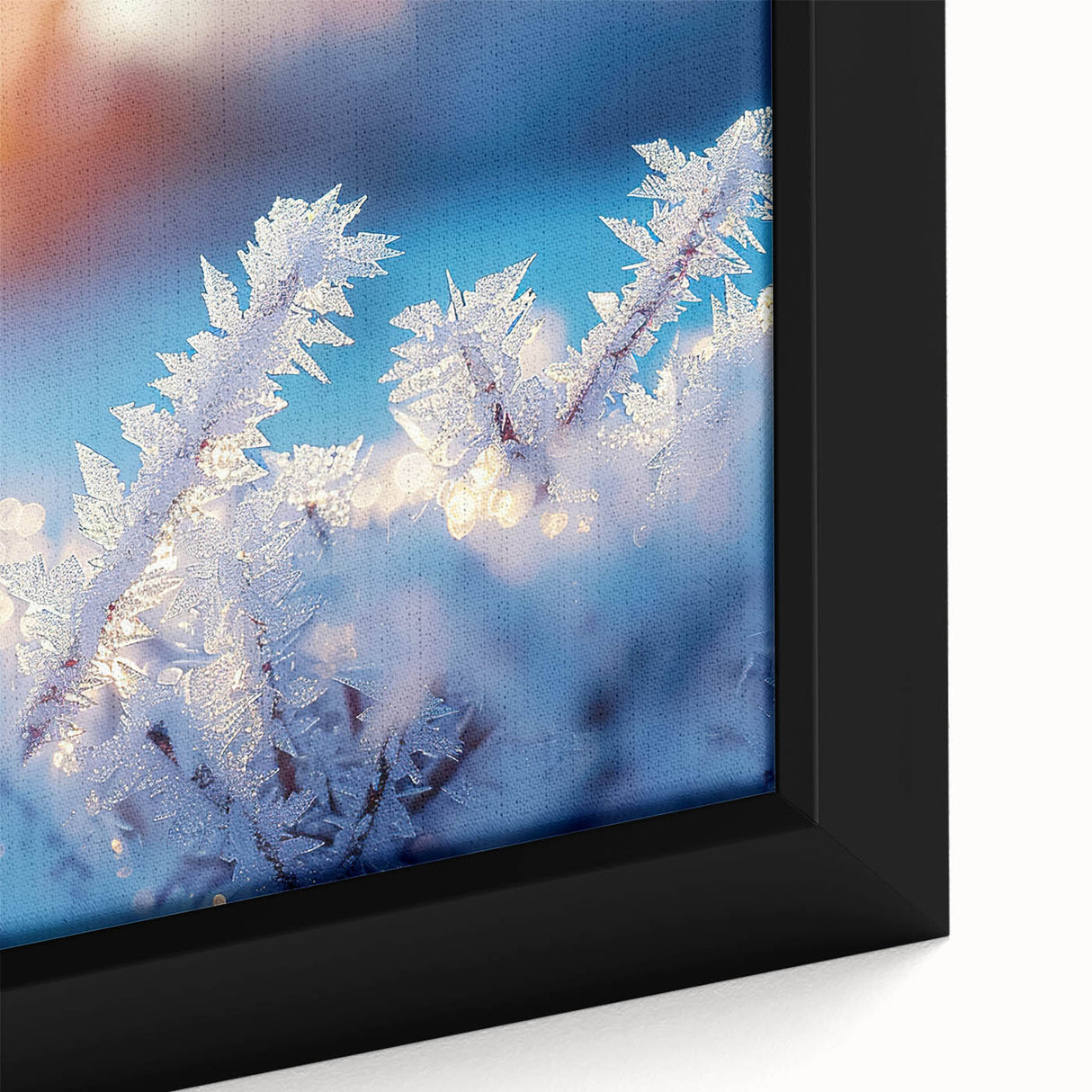 Close-up of black wall art featuring a textured frost design in vibrant colors on a framed canvas.