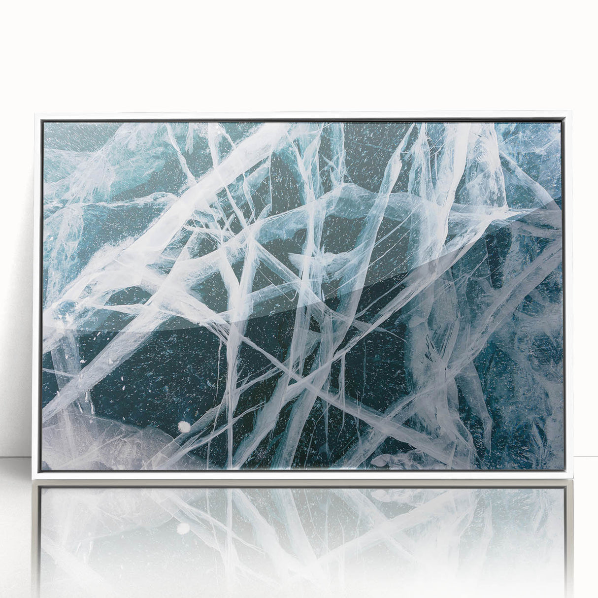 Framed acrylic print of a close-up frost design in white and gray, ideal for nursery wall art or modern decor.