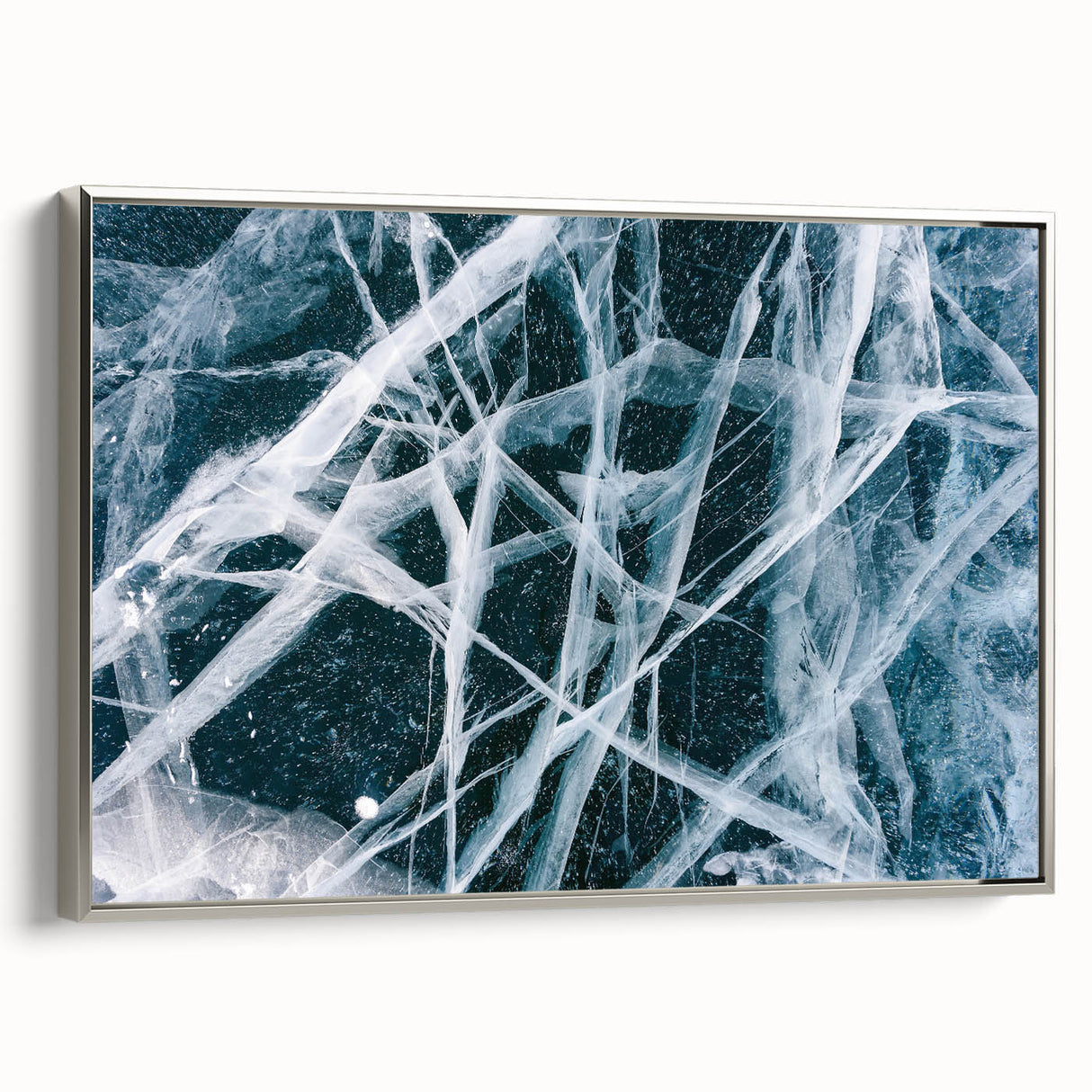 Vintage poster art of a frost design in muted gray and blue tones on a large framed canvas, ideal for living room decor.