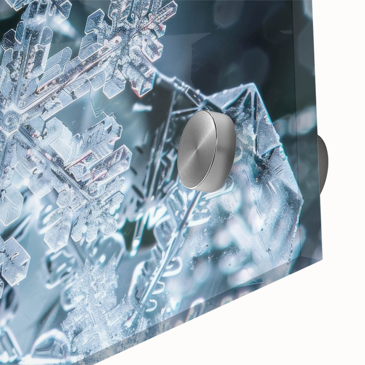 Close-up of frost design in muted gray on acrylic glass, large abstract wall art ideal for dining room ambiance.