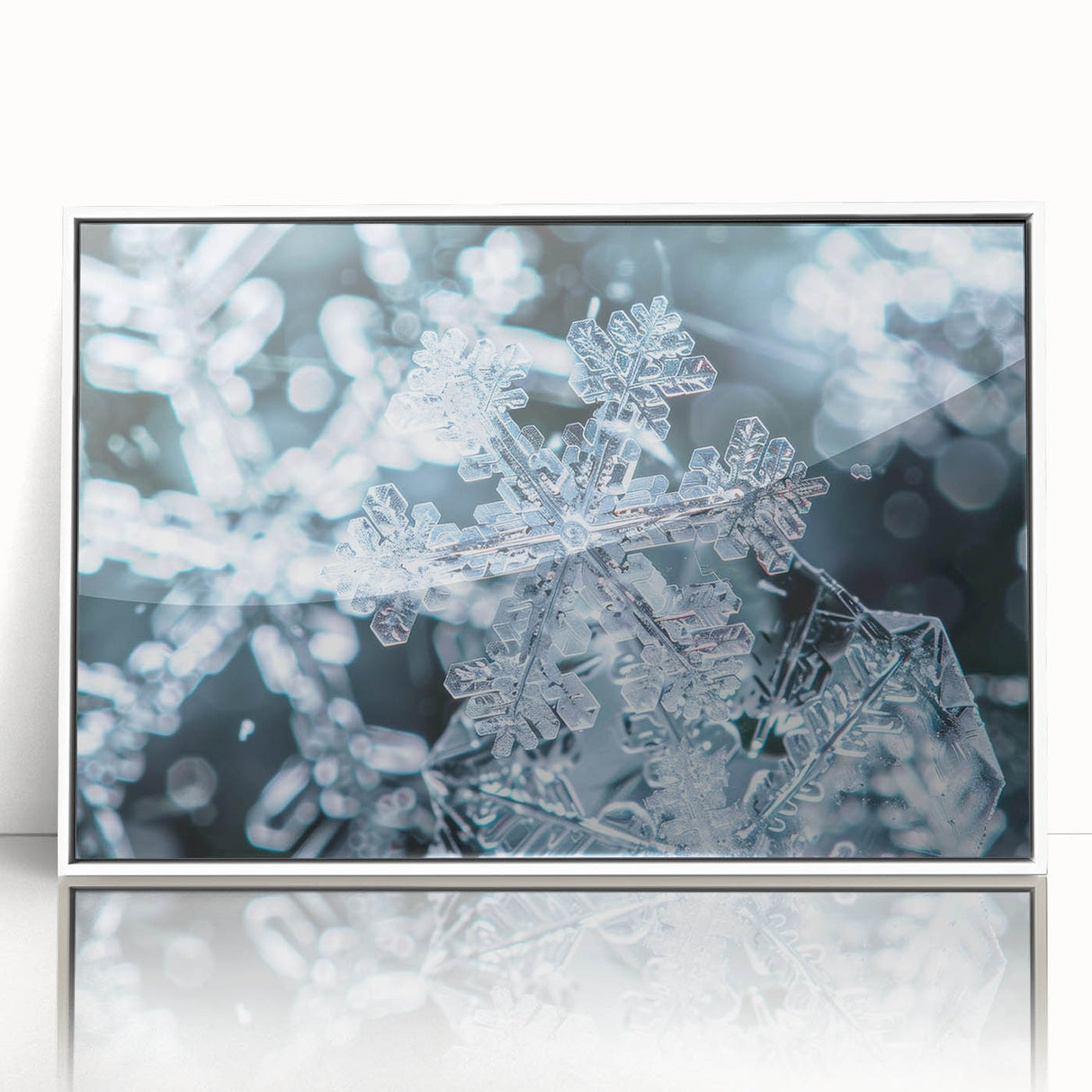 Framed acrylic print of a close-up frost design in muted white and gray, ideal for modern nursery wall art.