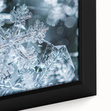 Framed canvas featuring a close-up of frost on ice, with a black background and textured surface.