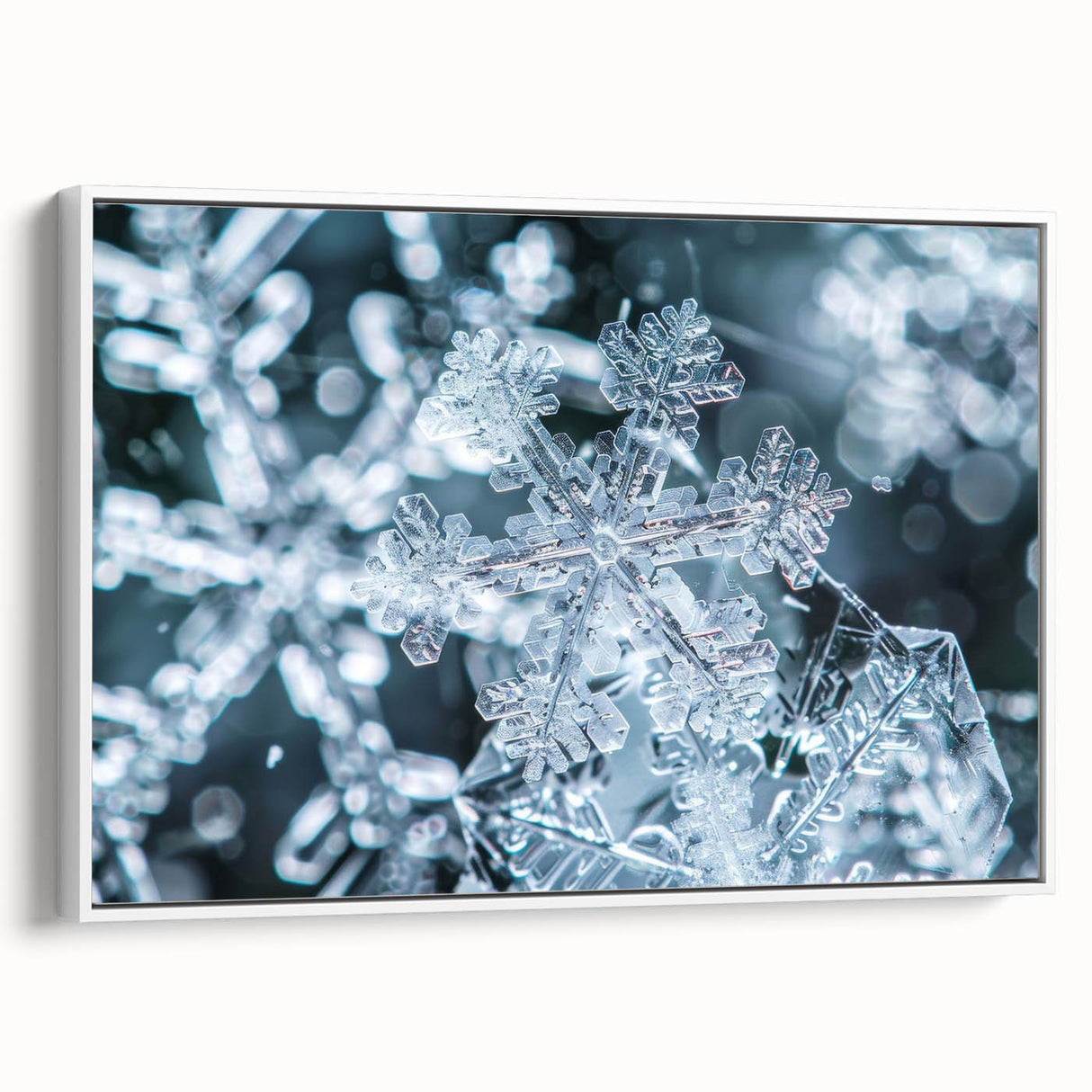 Framed canvas depicting a frost pattern in muted gray tones, suitable as wall art for bedroom ambiance.