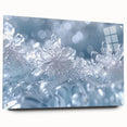 Close-up of frost patterns on acrylic glass, featuring cool blue and white tones, suitable for bedroom or dining room decor.