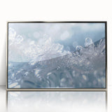 Art deco poster featuring a close-up of frost patterns in silver and blue tones on acrylic, ideal for modern art wall decor.