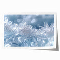 Close-up of frost patterns on ice in muted blue and white tones, rolled print, suitable for dining room or bathroom wall art.