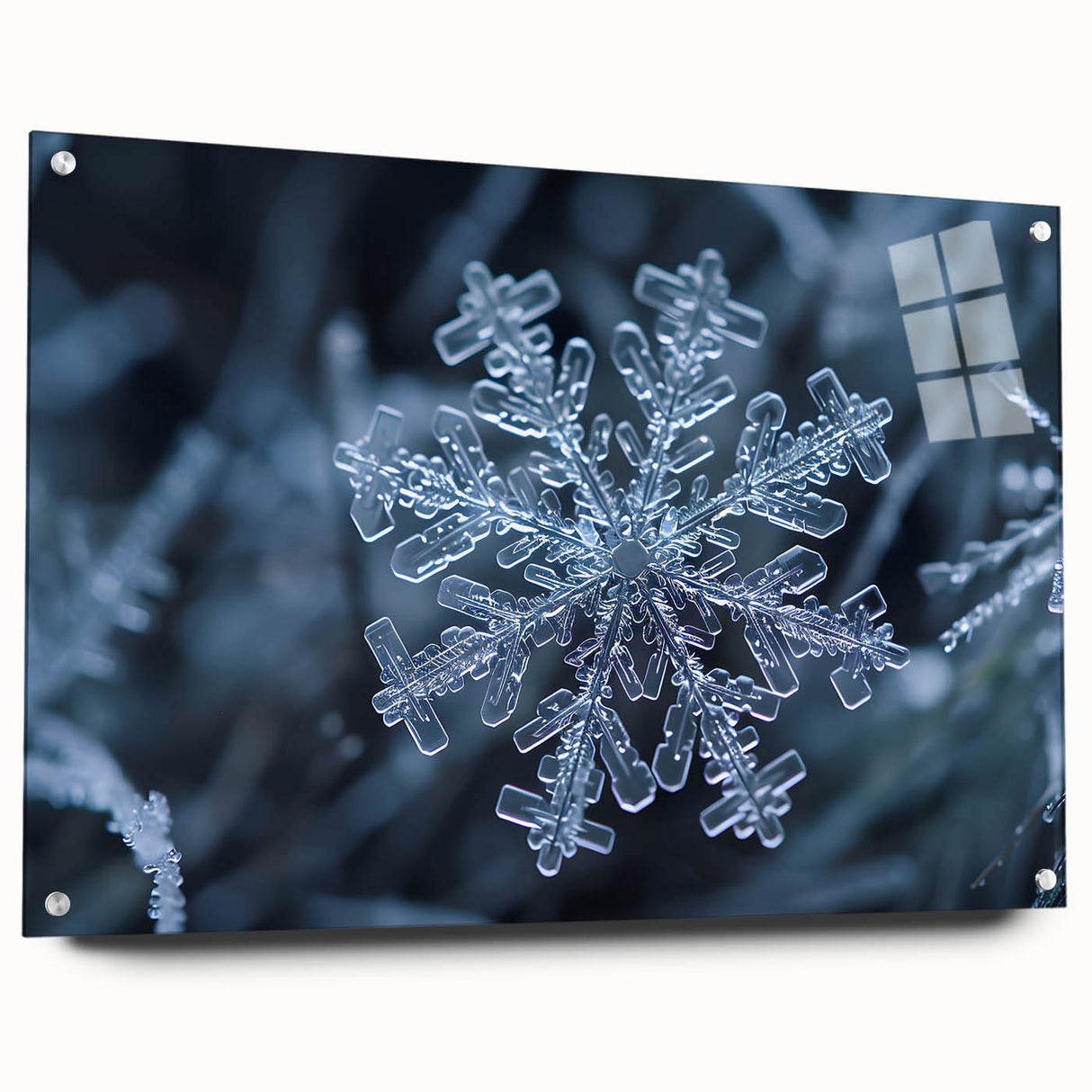 Close-up of frost patterns in blue and white on acrylic glass, suitable for bedroom or dining room decor.