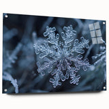 Close-up of frost patterns in blue and white on acrylic glass, suitable for bedroom or dining room decor.