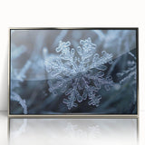 Framed acrylic print featuring a close-up of frost patterns in silver tones, ideal for modern art wall decor.