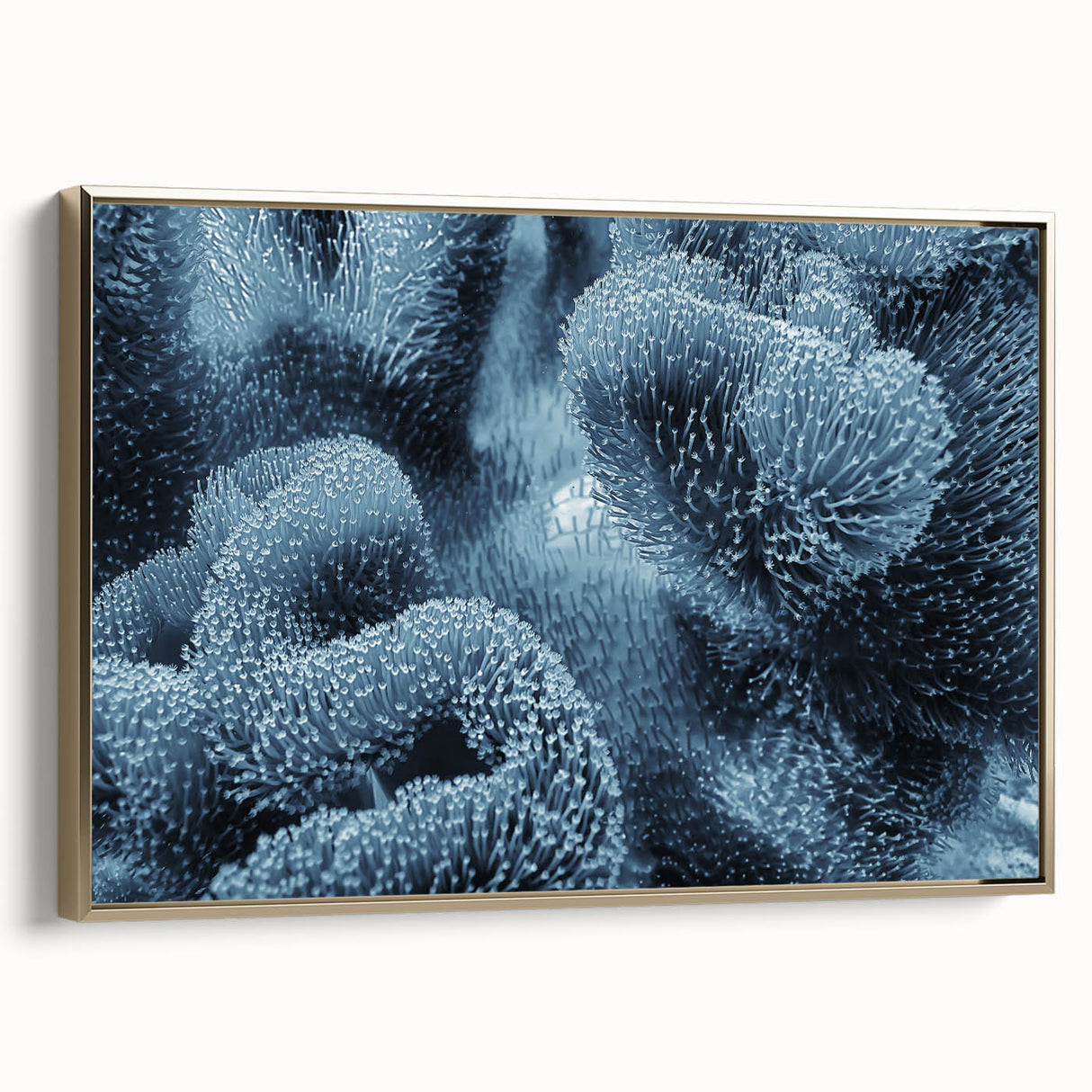 Framed canvas landscape art painting featuring a close-up of frost patterns in gold tones.