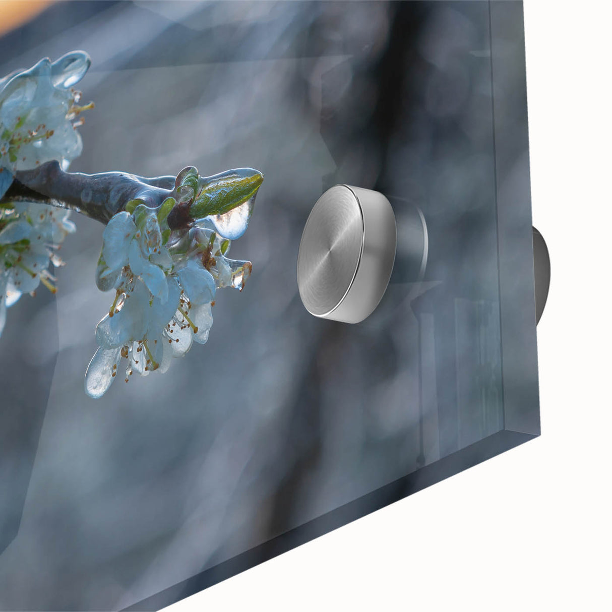 Acrylic print of a close-up frost design in muted blue and white tones.