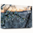 Close-up of frost patterns on glass in muted blue and white tones, acrylic print, suitable for dining room decor.